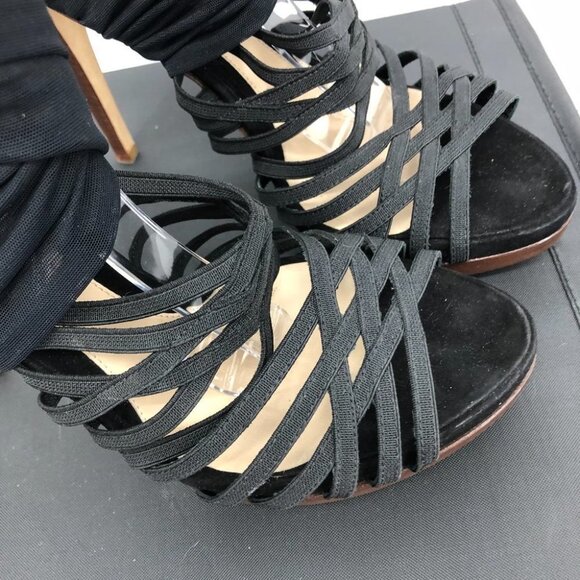 Fendi strappy canvas + suede ankle wrap high heels black w/ brown wood base 38.5 - Picture 12 of 15